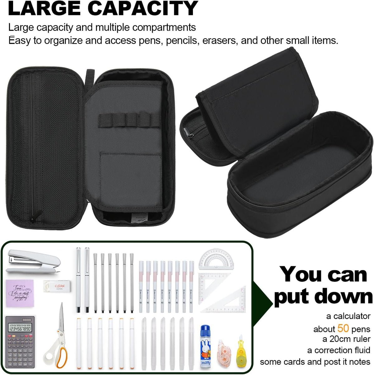 YOKUMA Foldable Pencil Case Pouch Bag for Boys Teens Big Capacity Box,Black