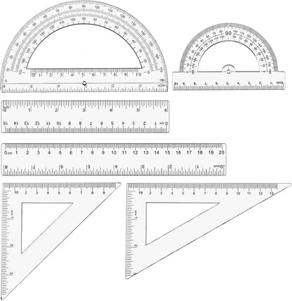 6 Pcs Geometry Set Transparent Plastic Clear Ruler Drafting Kit Includes Protractor Straight Ruler Triangle Rulers Clear Measuring Tools for Office Home Supplie