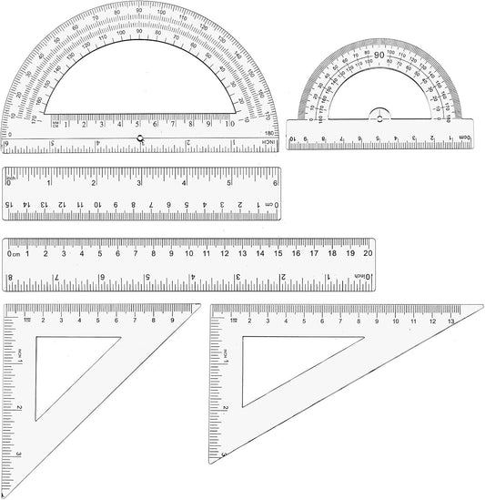 6 Pcs Geometry Set Transparent Plastic Clear Ruler Drafting Kit Includes Protractor Straight Ruler Triangle Rulers Clear Measuring Tools for Office Home Supplie