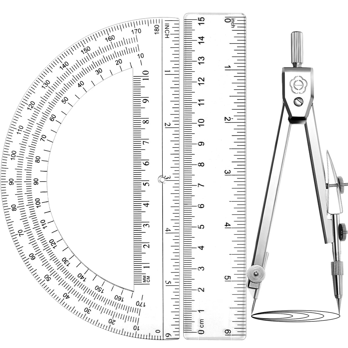 Zonon 3 Pcs 12" Clear Plastic Ruler 6 Inch Protractor Compass Set, Clear