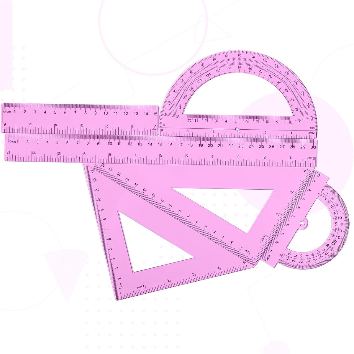Tenare 6 Pcs Math Geometry Ruler Straight Protractor Triangle, Pink
