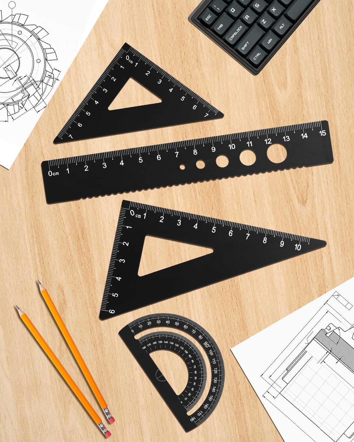 Honagu Triangular Ruler Set, 4 Pieces Aluminum Alloy Ruler, Metal Drafting Ruler, Geometric Protractor for Students, Draftsmen, Engineers, School Office Supplies (Black)