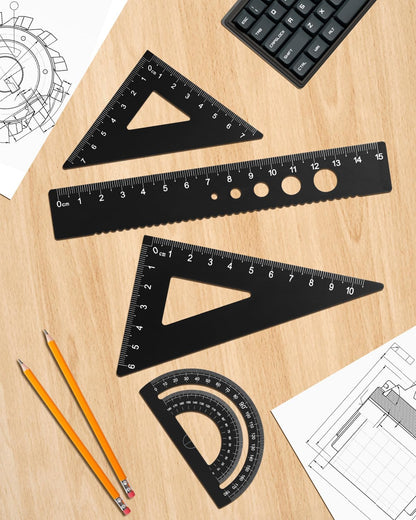 Honagu Triangular Ruler Set, 4 Pieces Aluminum Alloy Ruler, Metal Drafting Ruler, Geometric Protractor for Students, Draftsmen, Engineers, School Office Supplies (Black)