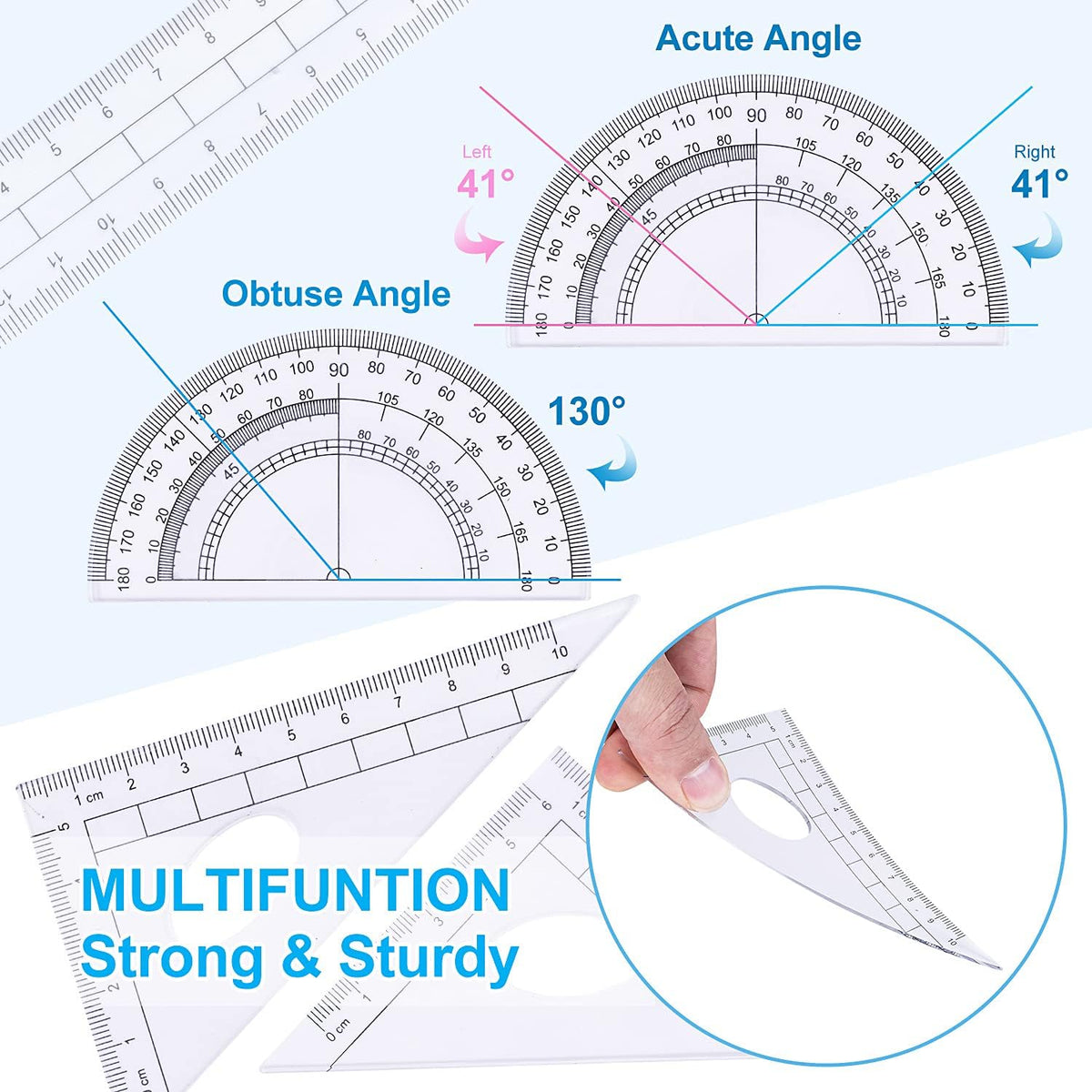 Math Geometry Kit Set 10 Pieces with Shatterproof Storage Box, Student Supplies Drawing Compass Includes Protractor, Rulers, Compass, Pencil Sharpener, Lead Refills, Pencil, Eraser(Blue)