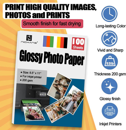 Inkjet Glossy Photo Paper 8.5x11, Letter Size, 200GSM – 100 Sheets