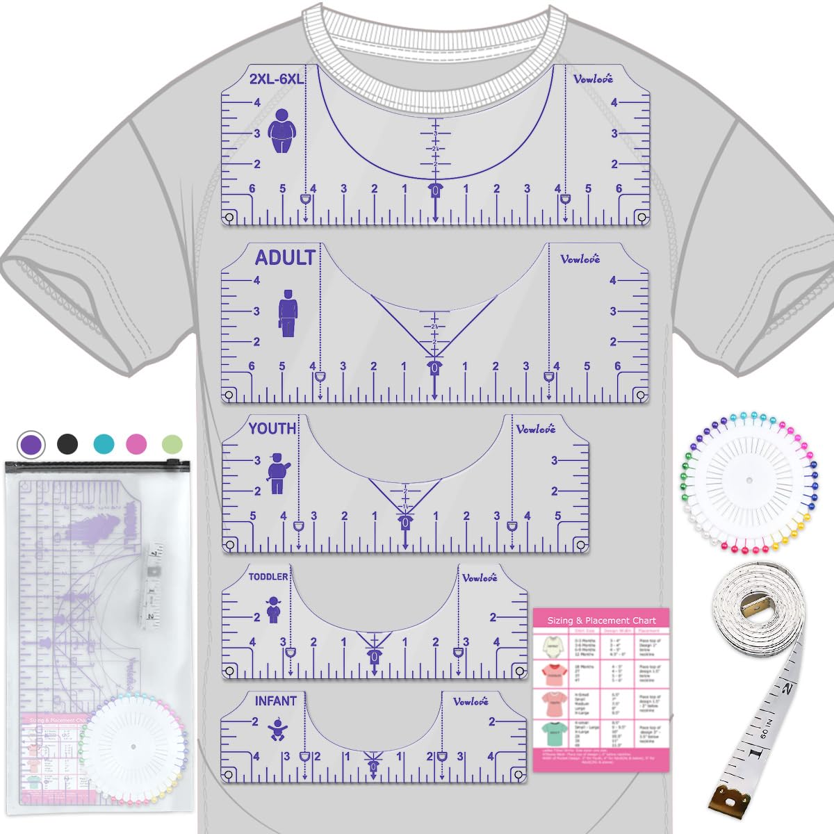 Vowlove T-Shirt Ruler for Precise Vinyl Alignment, Heat Press Guide Tool