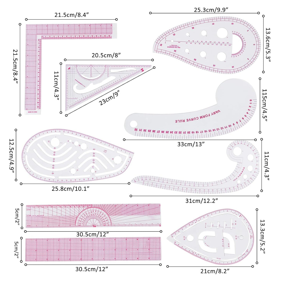 Fashion Clear Metric Sewing Ruler Set, French Curve Pattern Ruler Kit for Beginners Tailors Designers (A-9-Piece Set)