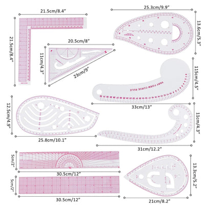 Fashion Clear Metric Sewing Ruler Set, French Curve Pattern Ruler Kit for Beginners Tailors Designers (A-9-Piece Set)