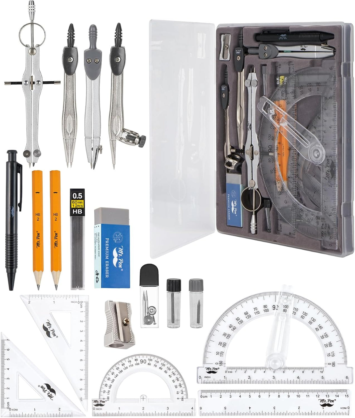 Mr. Pen- Geometry Set, 15 Piece Set with 6 Inch Swing Arm Protractor