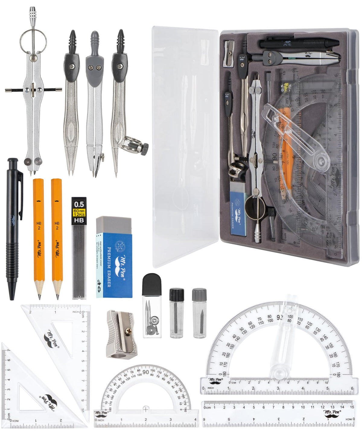 Mr. Pen- Geometry Set, 15 Piece Set with 6 Inch Swing Arm Protractor