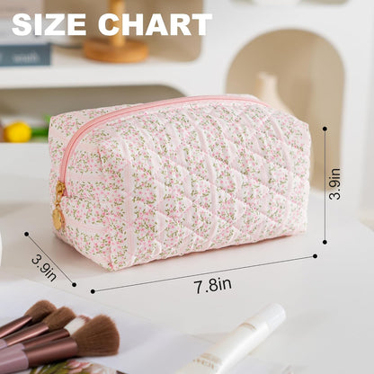 Makeup Bag Travel Toiletry Bag for Women, Small Cosmetic Bags Cute Quilted Cotton Makeup Pouch for Purse Emergency Bag Pencil Case Accessory Bag, Pastel Pink