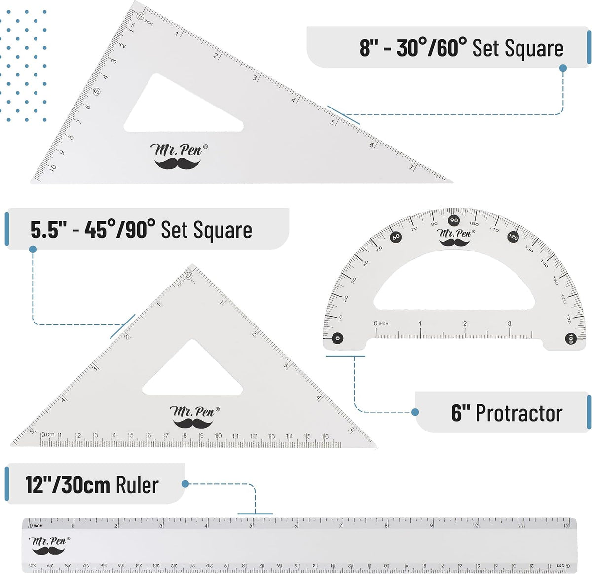 Mr. Pen- Metal Geometry Kit, 4 Pack, 45° & 30°/60° Set Squares