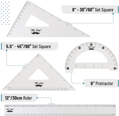 Mr. Pen- Metal Geometry Kit, 4 Pack, 45° & 30°/60° Set Squares