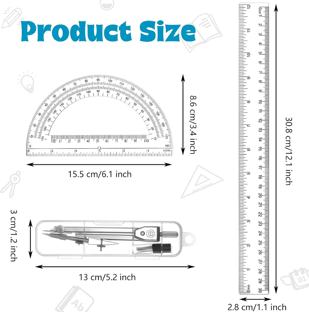 Zonon 3 Pcs 12" Clear Plastic Ruler 6 Inch Protractor Compass Set, Clear