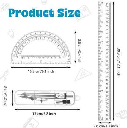 Zonon 3 Pcs 12" Clear Plastic Ruler 6 Inch Protractor Compass Set, Clear