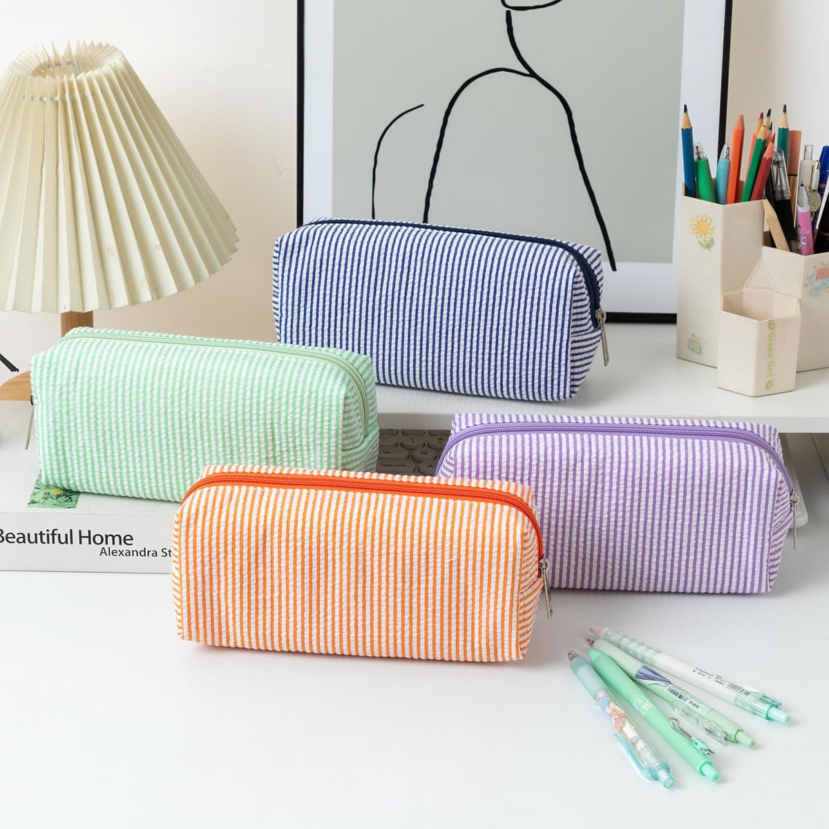 Seersucker Striped Pencil Bag, Large Capacity Stationery Pouch