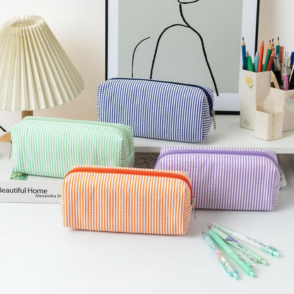 Seersucker Striped Pencil Bag, Large Capacity Stationery Pouch