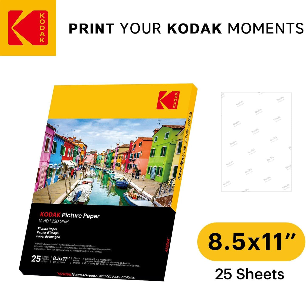 KODAK Picture Paper Vivid 8.5"x11", 25 count, 66lb-230g/m2 weight, 11.9 mil thickness, Vivid color picture paper