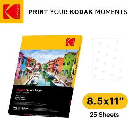 KODAK Picture Paper Vivid 8.5"x11", 25 count, 66lb-230g/m2 weight, 11.9 mil thickness, Vivid color picture paper