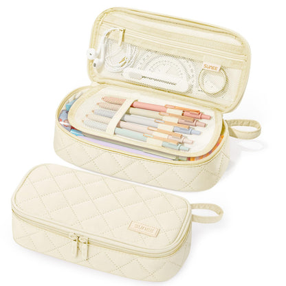 SUNEE Cute Pencil Case, Large Capacity Pencil Pouch Aesthetic Zipper Pencil Bag, Big Storage Pen Organizer for Stationery, Soft Quilted Pencil Box Back to School Supplies for Teen Girls Boys,Soft Pink