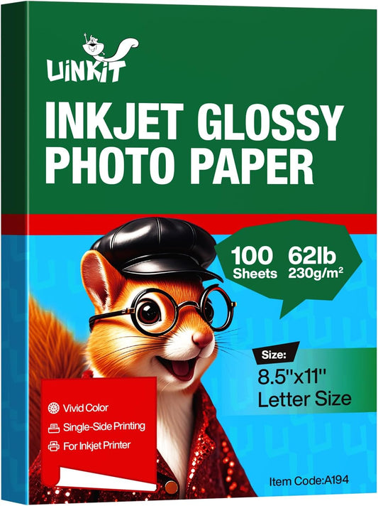 Uinkit 62lb Thick Glossy Inkjet Photo Paper, 8.5x11, 100 Sheets, 230gsm