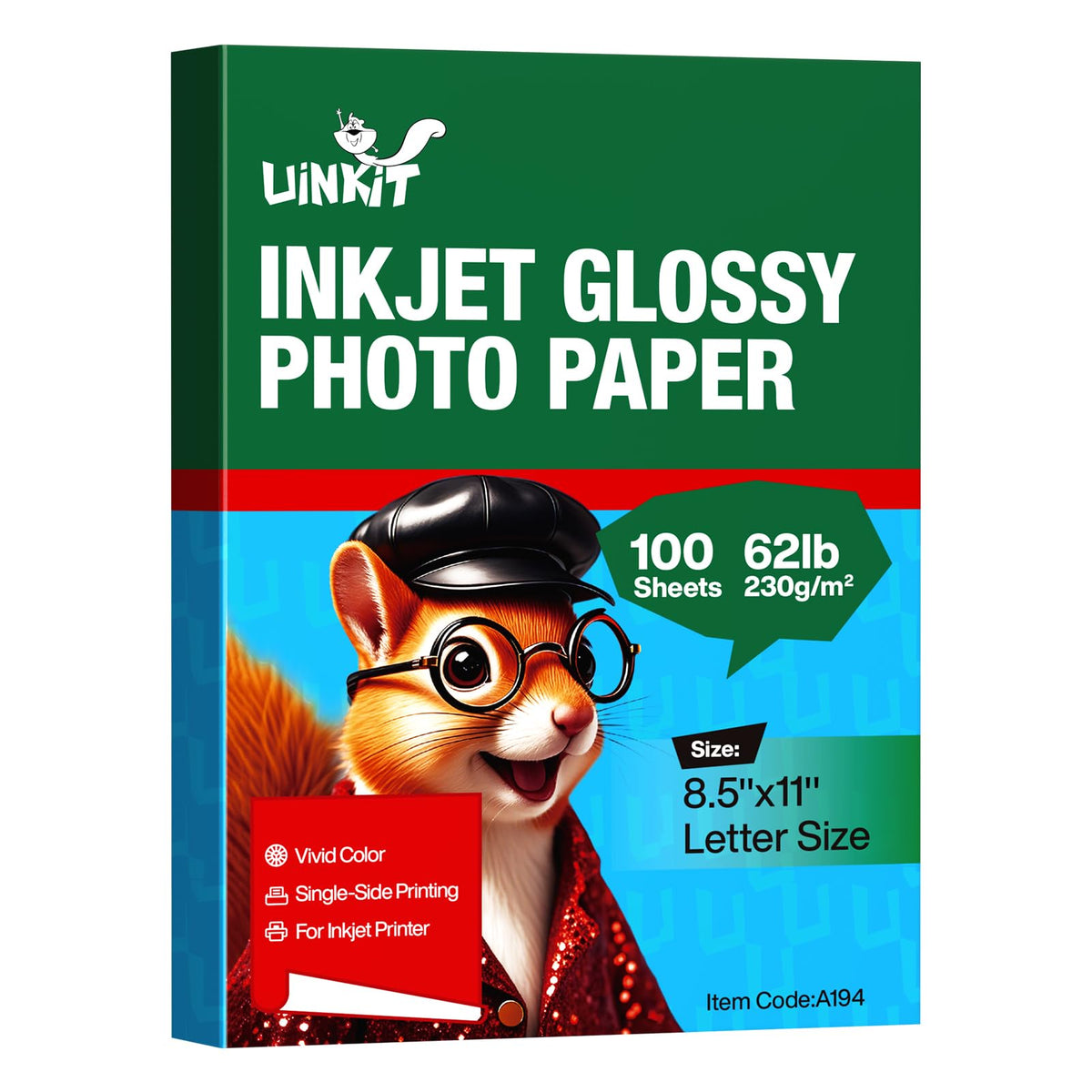 Uinkit 62lb Thick Glossy Inkjet Photo Paper, 8.5x11, 100 Sheets, 230gsm