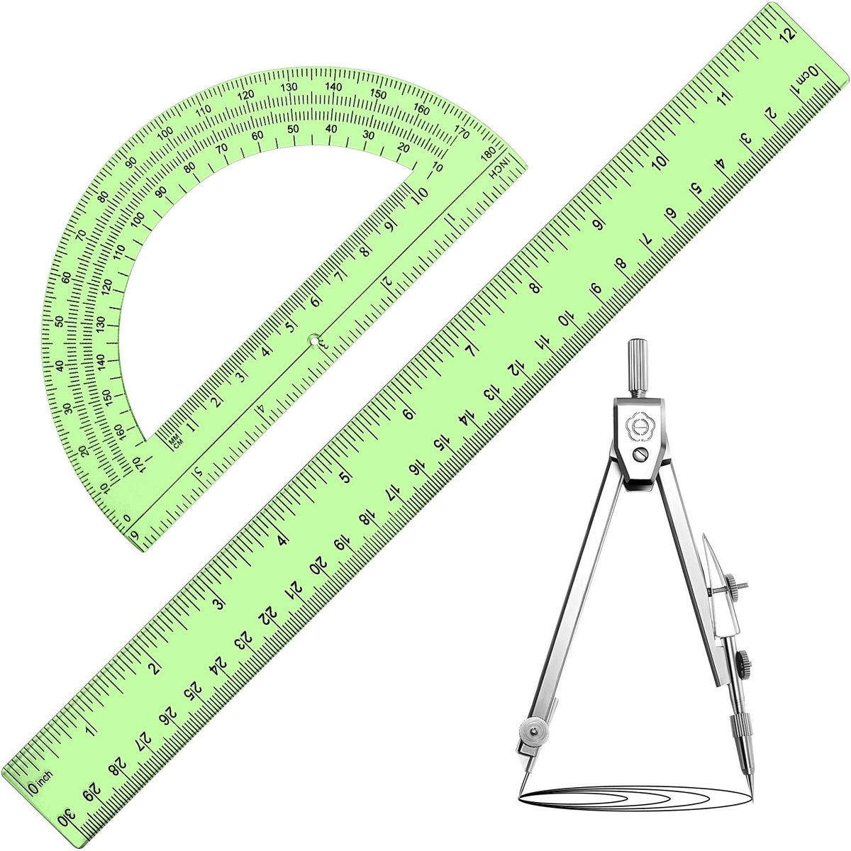 Zonon 3 Pcs 12" Clear Plastic Ruler 6 Inch Protractor Compass Set, Clear