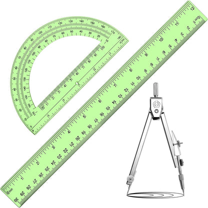Zonon 3 Pcs 12" Clear Plastic Ruler 6 Inch Protractor Compass Set, Clear