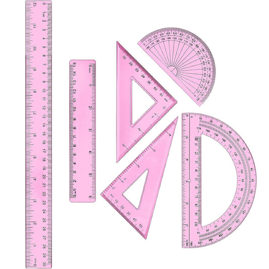 Tenare 6 Pcs Math Geometry Ruler Set, Protractor Triangle School,Pink