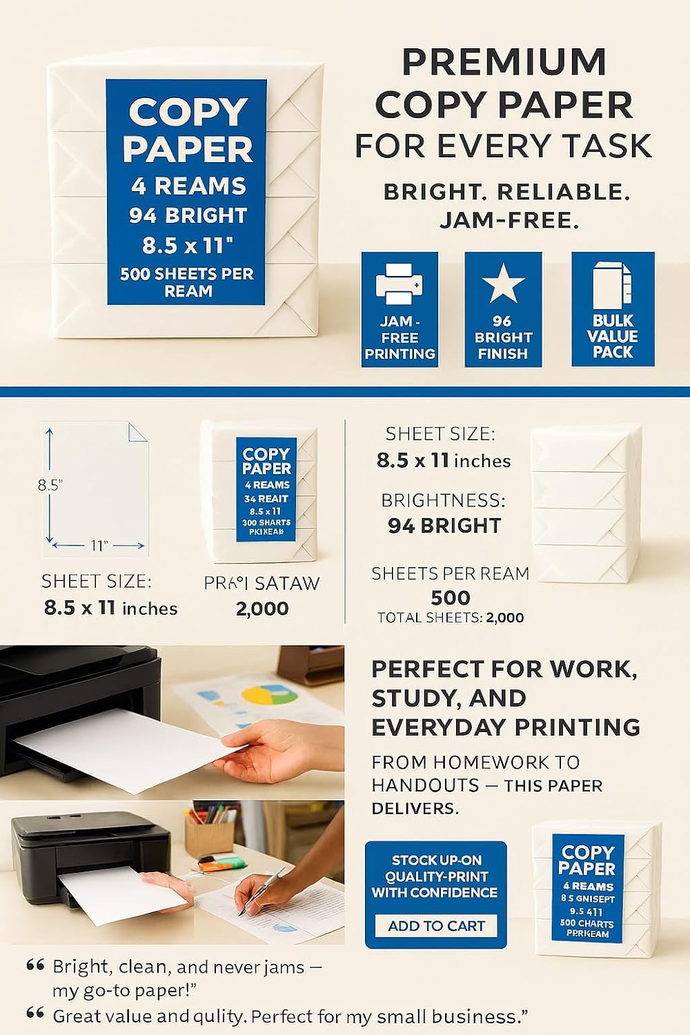 Copy Paper – 4 Reams, 500 Sheets Each, 94 Bright, 8.5 x 11" – Multipurpose Printer Paper for Home, Office, School – Jam-Free, Acid-Free, High Performance