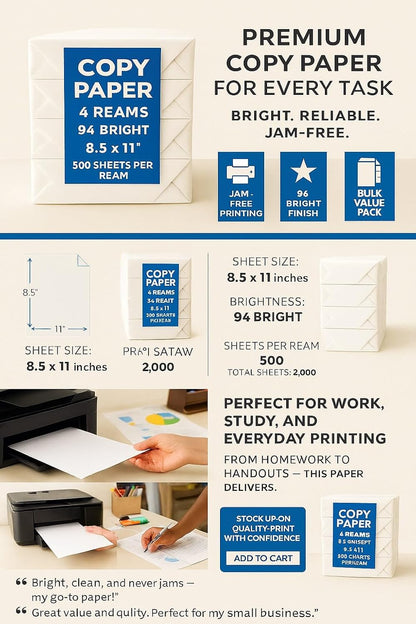 Copy Paper – 4 Reams, 500 Sheets Each, 94 Bright, 8.5 x 11" – Multipurpose Printer Paper for Home, Office, School – Jam-Free, Acid-Free, High Performance