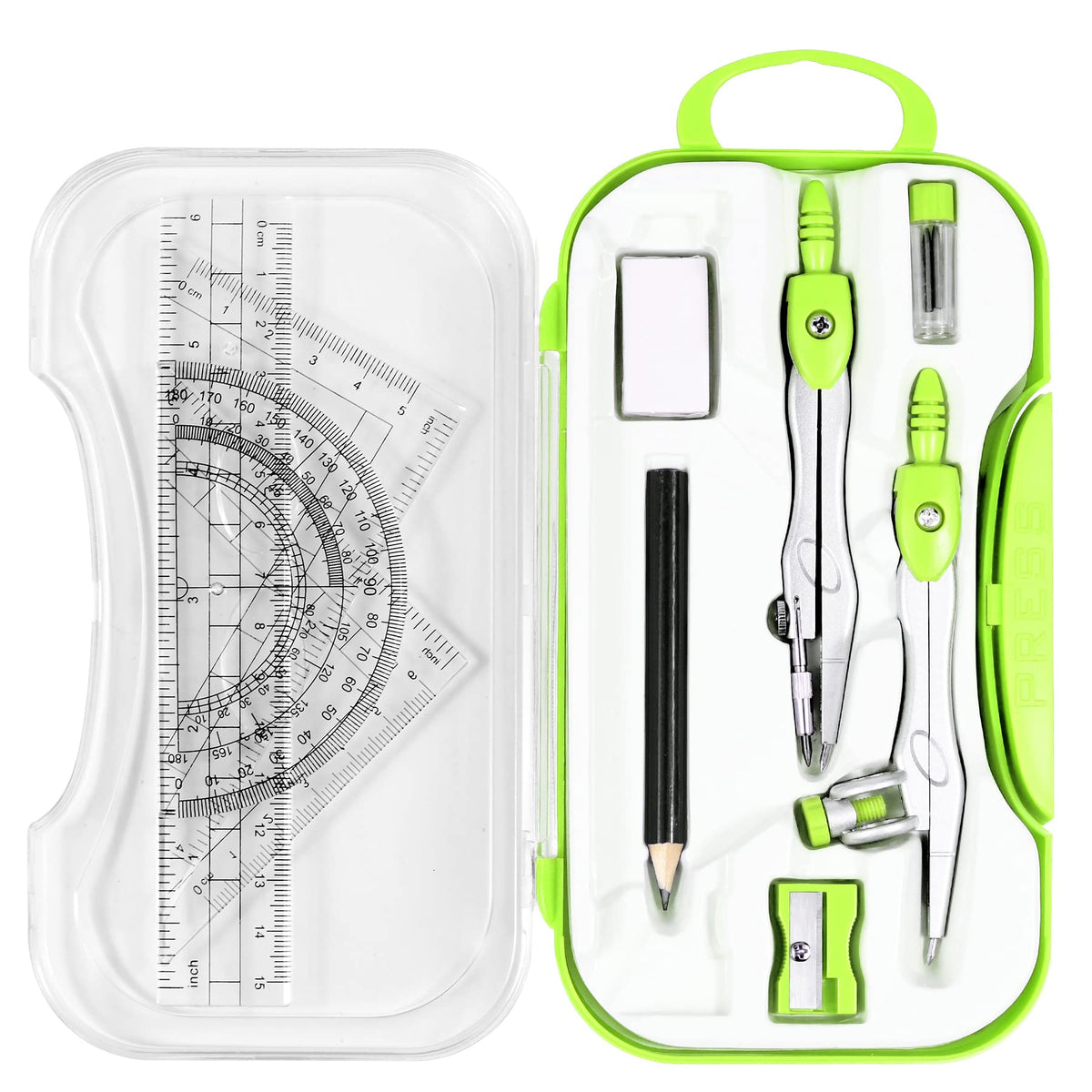 Unjoo Geometry Sets 10 Pcs Student Supplies, Protractor and Compass (Black)