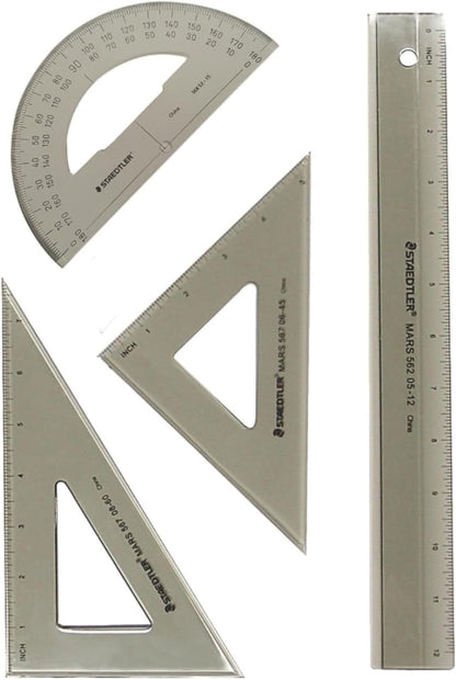 STAEDTLER College Combination Set - Triangle, Protractor & Ruler Set, Transparent Smoke Plastic with Beveled Edges, 4-Piece Set