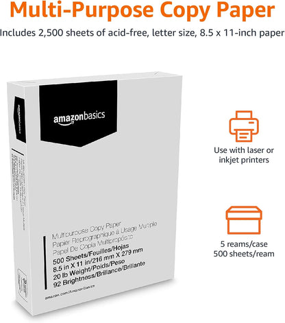 Amazon Basics Multipurpose Copy Printer Paper, 20 lb, 8.5 x 11 Inches, 5 Reams (2,500 Sheets), 92 Bright White