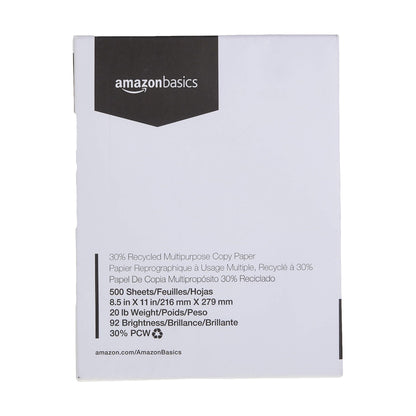Amazon Basics 30% Recycled Multipurpose Copy & Print Paper, 8.5 x 11 Inches, 20 lb Weight, 92 Bright, White, Certified, 1500 Sheets (3 Reams)