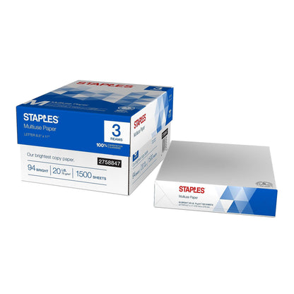 Staples Multiuse Copy Paper, 8.5x11 Inch, 20 lb., 94 Brightness, 5 Reams