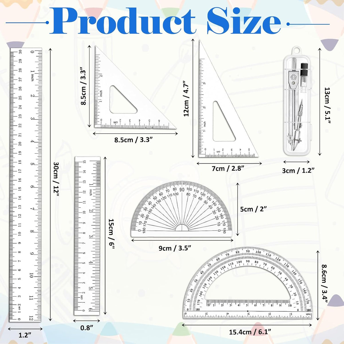 Coopay 7 Pcs Geometry Set, Clear Acrylic Ruler, Protractor and Compasses