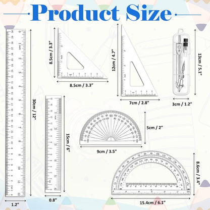 Coopay 7 Pcs Geometry Set, Clear Acrylic Ruler, Protractor and Compasses