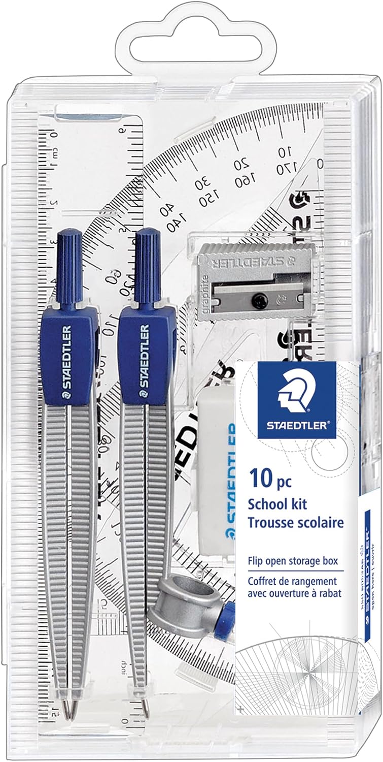STAEDTLER School Kit Math Geometry Set - 10-Piece Compass, Protractor & Ruler Kit with Flip Open Storage Box - Clear Measuring Tools - Student Drawing Supplies