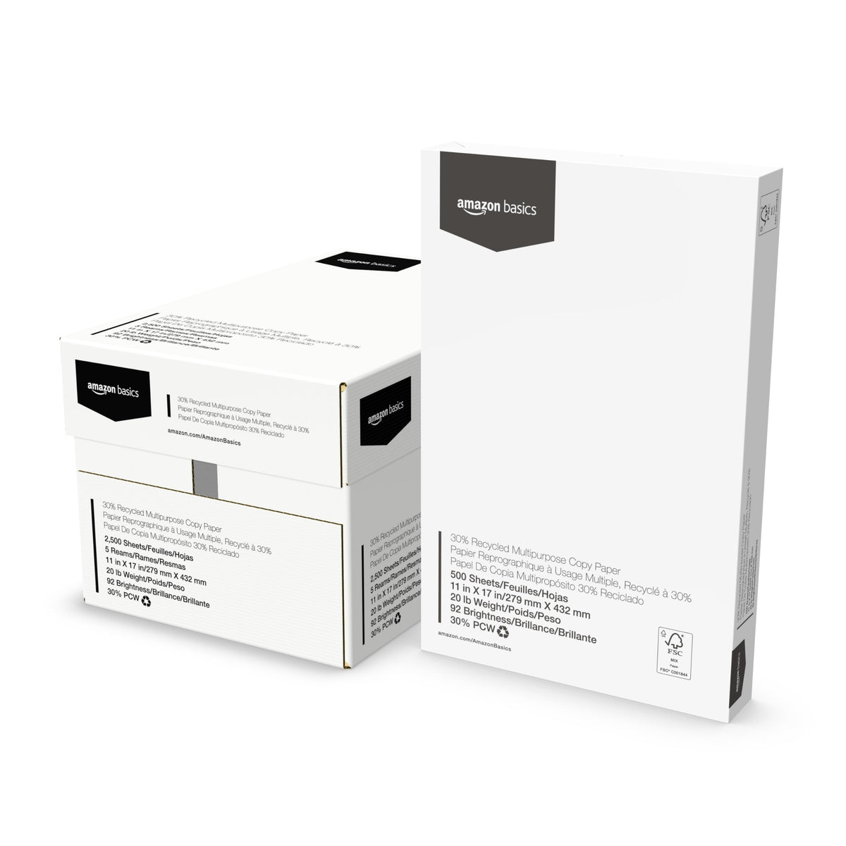 Amazon Basics 30% Recycled Multipurpose Copy & Print Paper, 8.5 x 11 Inches, 20 lb Weight, 92 Bright, White, Certified, 1500 Sheets (3 Reams)