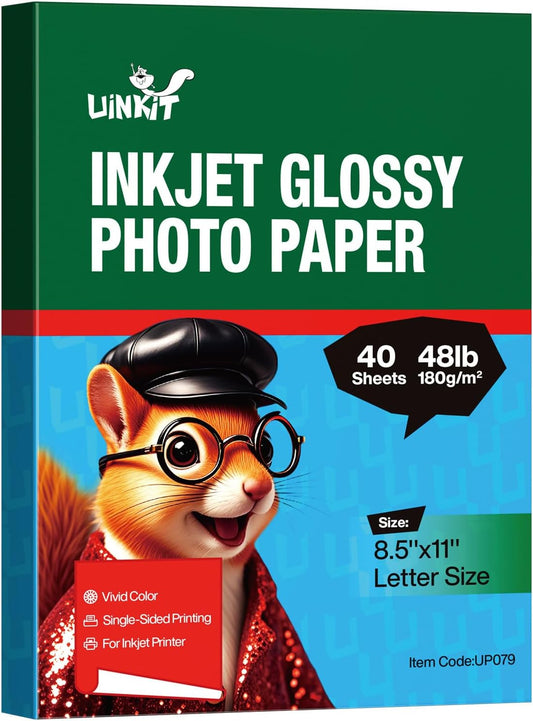 Uinkit 48lb Glossy Inkjet Photo Paper, 8.5x11, 40 Sheets, 180gsm
