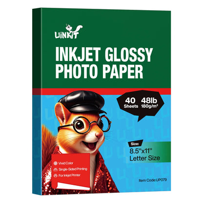Uinkit 48lb Glossy Inkjet Photo Paper, 8.5x11, 40 Sheets, 180gsm