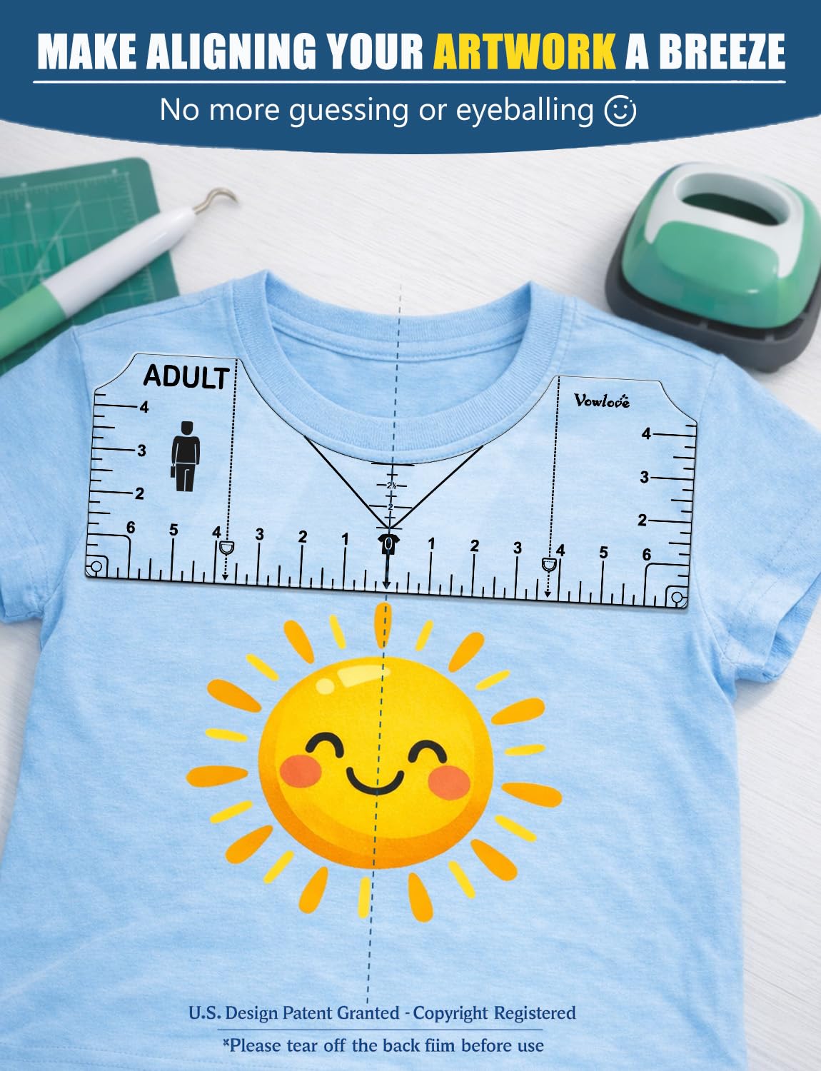 Vowlove T-Shirt Ruler for Precise Vinyl Alignment, Heat Press Guide Tool