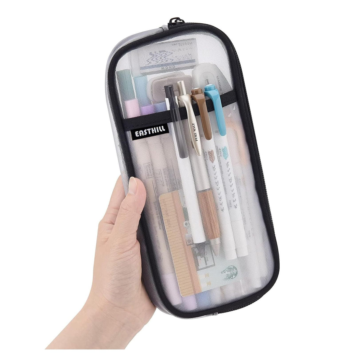 EASTHILL Grid Mesh Pen Pencil Case with Zipper Clear Makeup Color Pouch Cosmetics Bag Multi-Purpose Travel School Teen Girls Transparent Stationary Bag Office Organizer Box for Adluts(Blue)