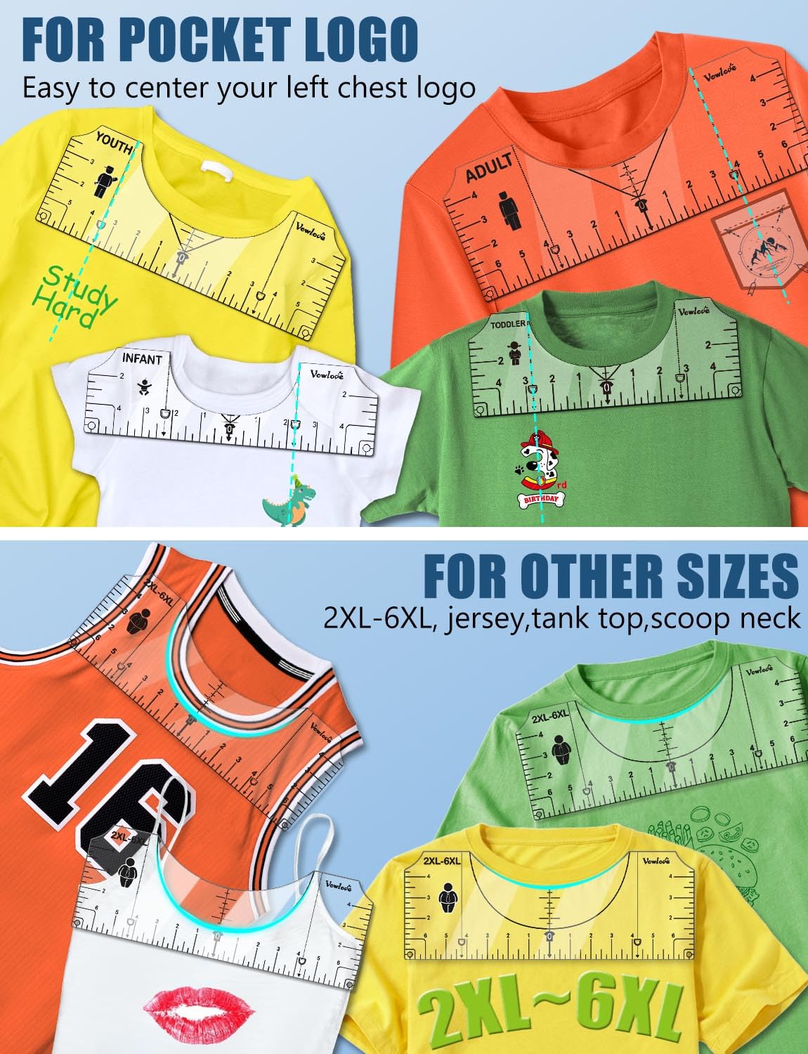 Vowlove T-Shirt Ruler for Precise Vinyl Alignment, Heat Press Guide Tool