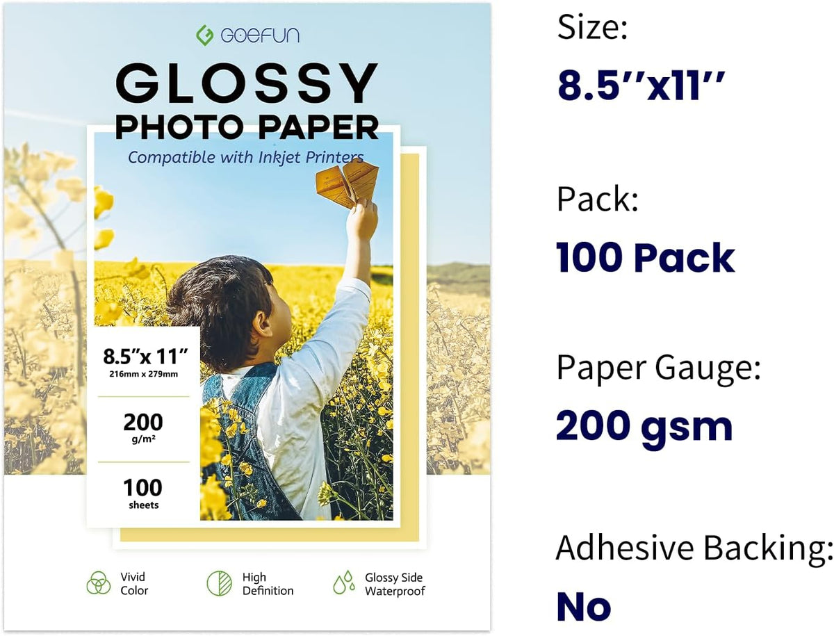 Glossy Photo Paper 8.5x11, Goefun 54LB Inkjet Printer Paper 100 Sheets