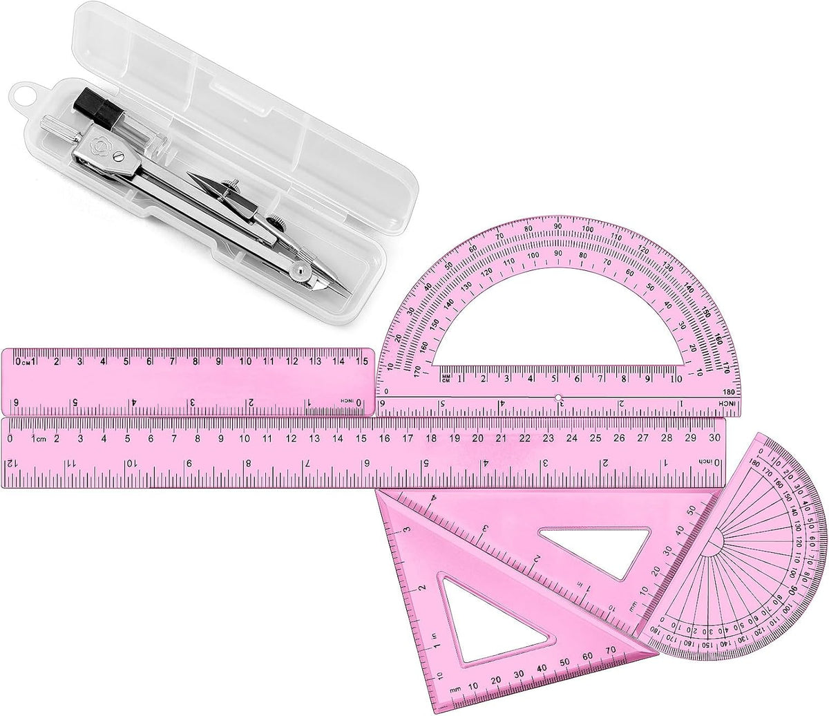 Zonon 7 Pcs Geometry Set with Drawing Compas, 6&4 Inch Protractors, Pink