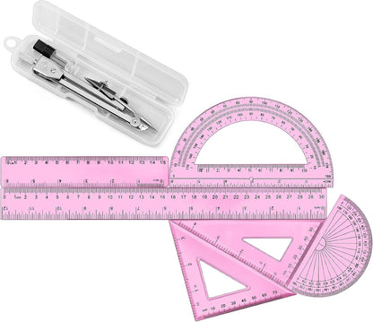 Zonon 7 Pcs Geometry Set with Drawing Compas, 6&4 Inch Protractors, Pink