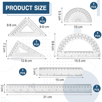 Tenare 18 Pcs Plastic Clear Math Set Includes Protractor Triangle Rulers 12 Inch 6 Inch Straight Geometry Math Transparent Ruler Measuring Tool for Office Home Supplies