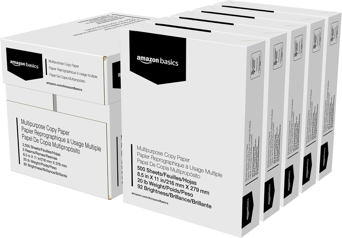 Amazon Basics Multipurpose Copy Printer Paper, 20 lb, 8.5 x 11 Inches, 5 Reams (2,500 Sheets), 92 Bright White